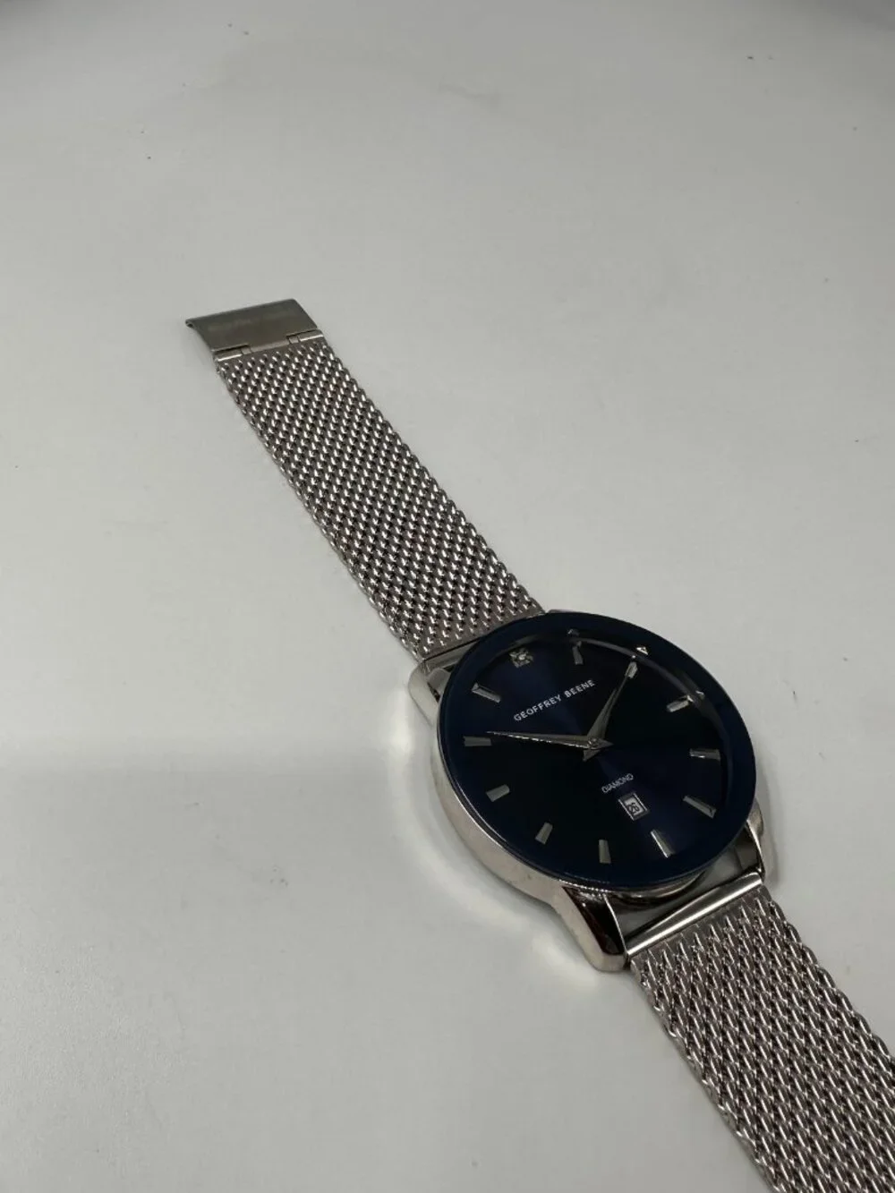 Geoffrey Beene Watch Men Silver Tone Blue Date Window Round New Battery